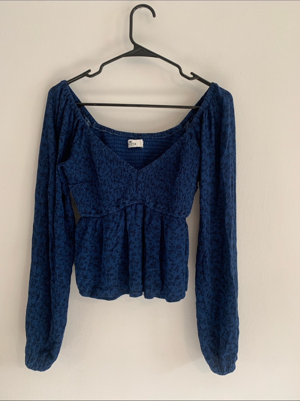 HOLLISTER Navy Smocked Peplum Long Sleeve Top